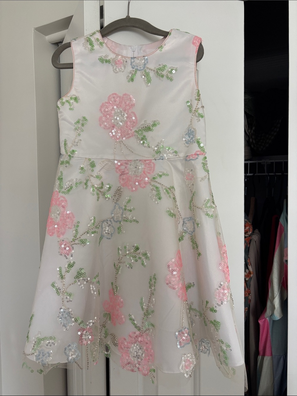 Rare Editions White Dress with Pink Floral Sequin Embroidery